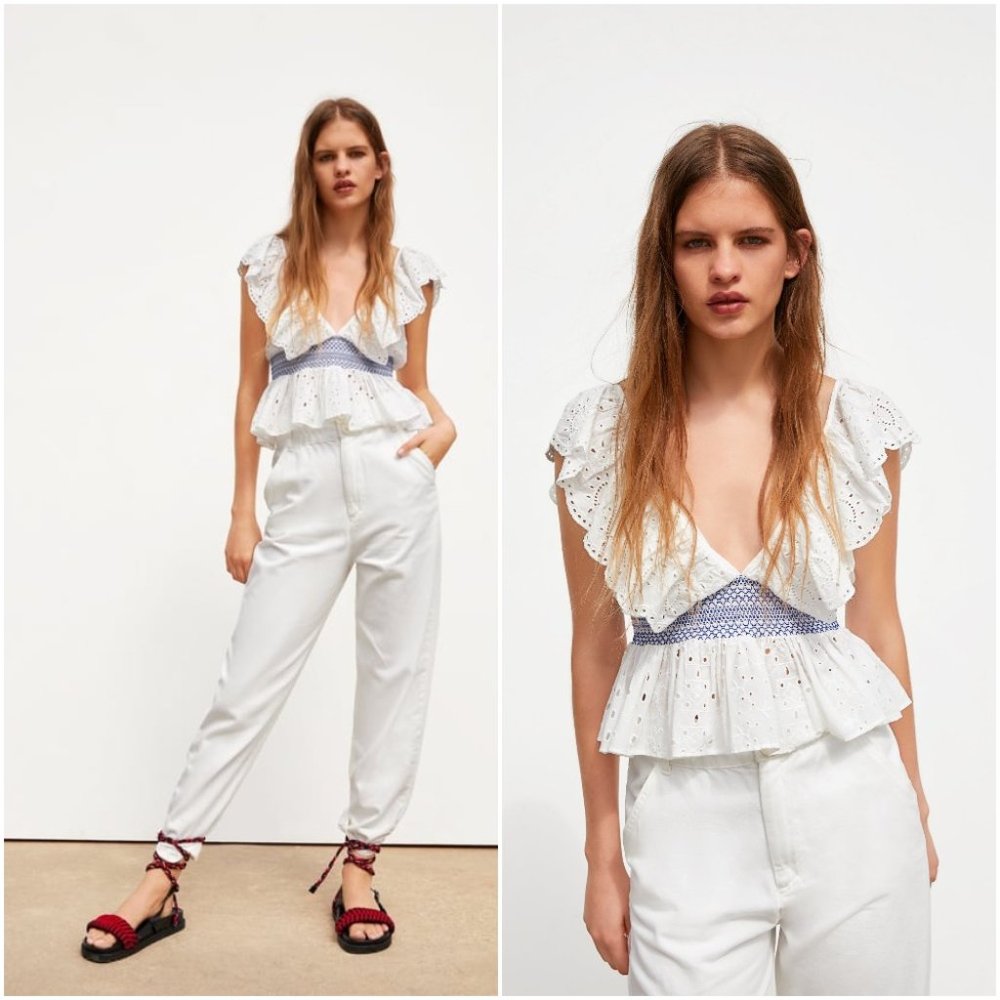 ZARA OPENWORK EMBROIDERY ELASTIC WAIST TOP
